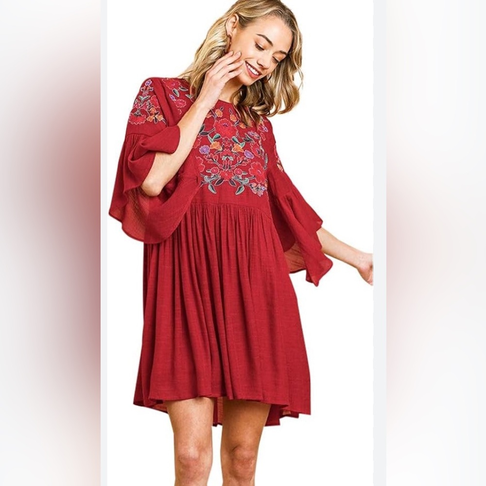 Umgee Woman’s Tunic Dress Bliss Boho Pink Bohemian Embroidery Flowy Sleeves S